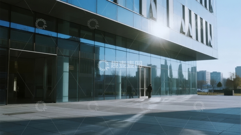 高清大图下载【趣麦麦图】现代玻璃建筑前的广场行人