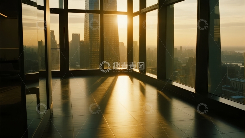 高清大图下载【趣麦麦图】城市高楼日落时分的室内视角