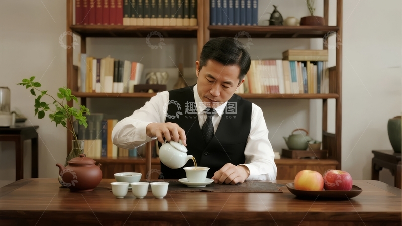 高清大图下载【趣麦麦图】男子在书房内优雅地进行茶道仪式