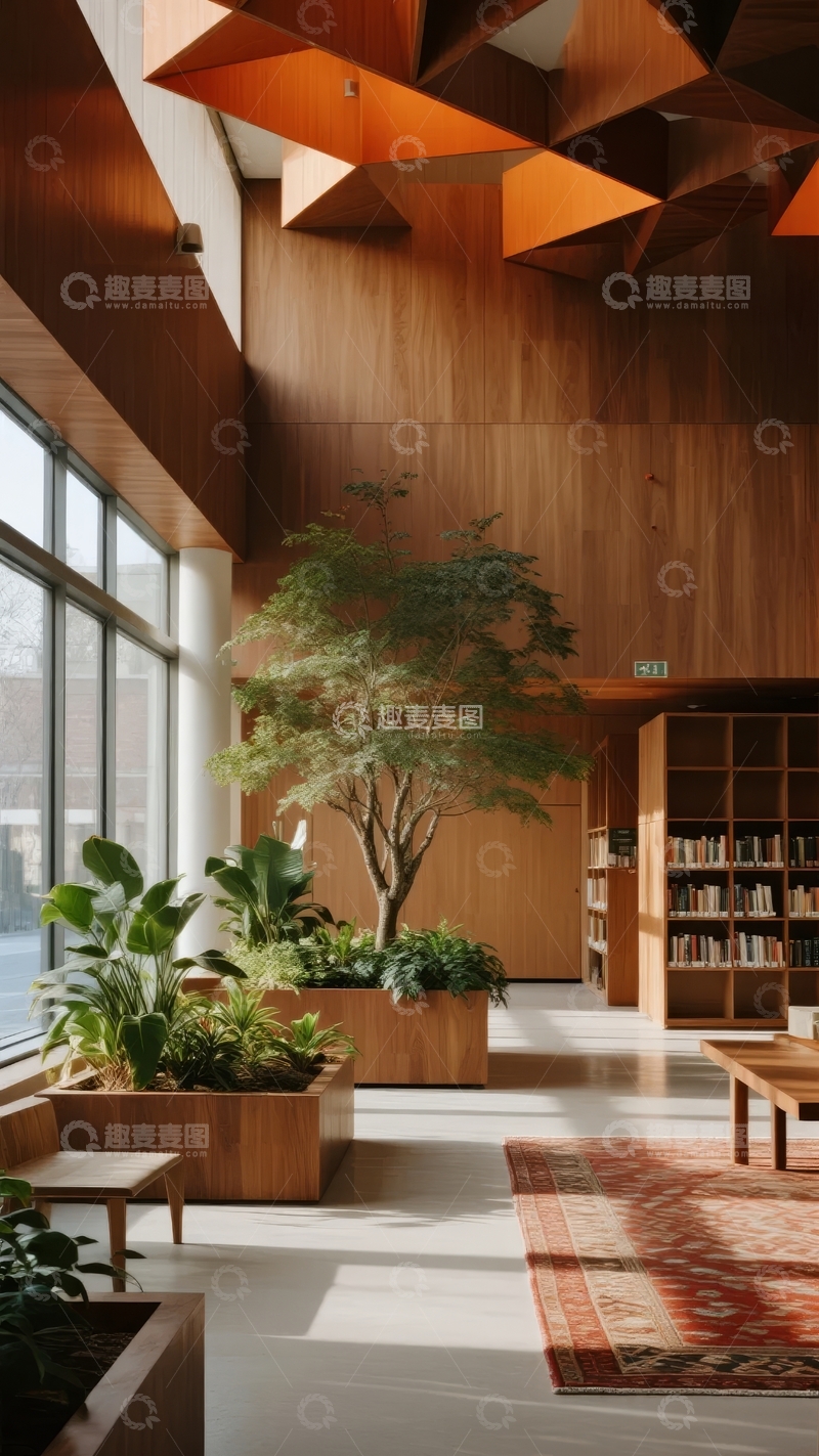 高清大图下载【趣麦麦图】现代图书馆室内设计木质天花板与绿植装饰
