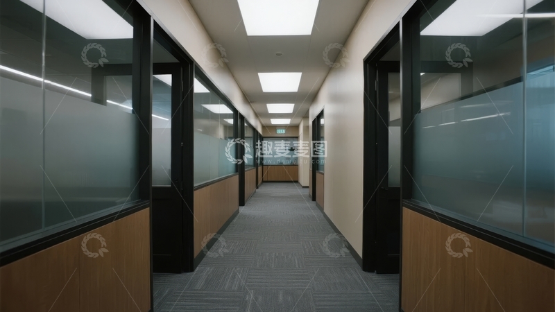 高清大图下载【趣麦麦图】现代办公室走廊采用玻璃隔断和木质装饰