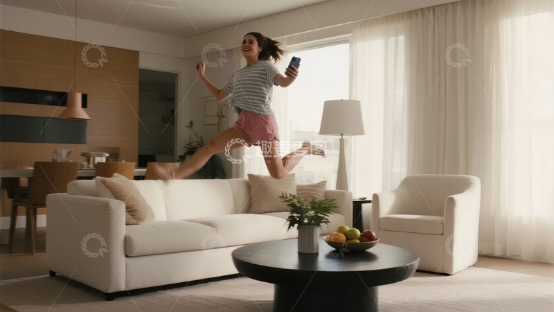 高清大图下载【趣麦麦图】室内客厅中一人跳跃拍照