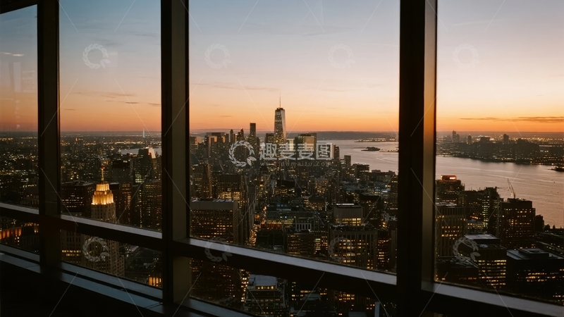 高清大图下载【趣麦麦图】黄昏时分透过窗户俯瞰城市天际线