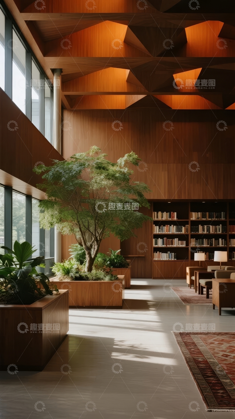 高清大图下载【趣麦麦图】现代图书馆内部设计展示木质天花板与绿植装饰