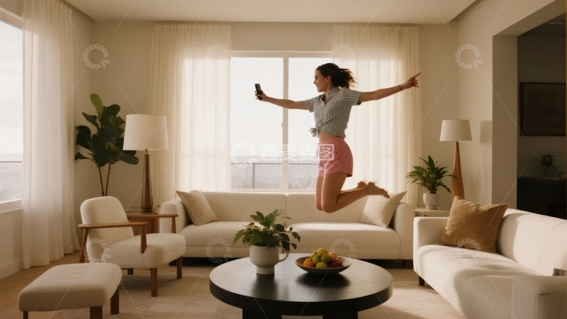 女子在明亮客厅中跳跃自拍