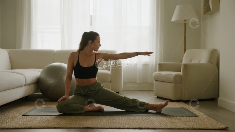 高清大图下载【趣麦麦图】女子在客厅瑜伽垫上进行伸展运动