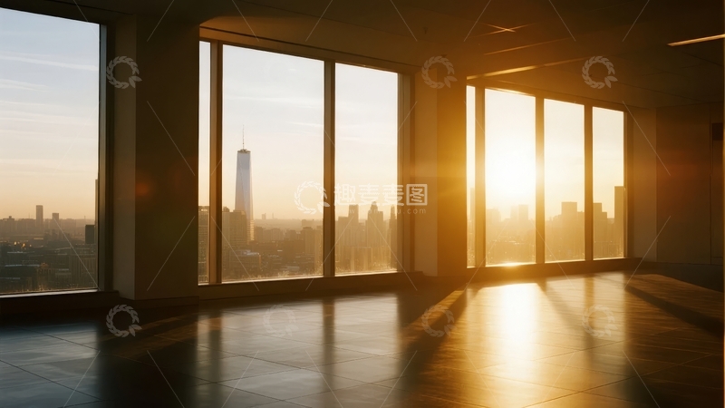 高清大图下载【趣麦麦图】清晨阳光透过落地窗照亮空旷室内城市景观