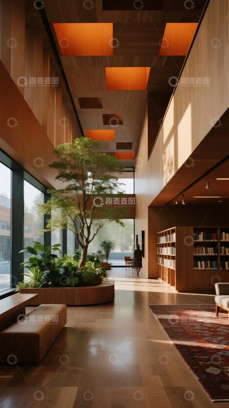 高清大图下载【趣麦麦图】现代建筑内部宽敞明亮的图书馆空间