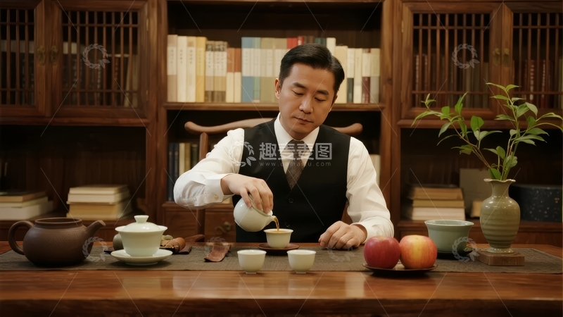 高清大图下载【趣麦麦图】男子在木质茶桌上进行传统茶艺仪式