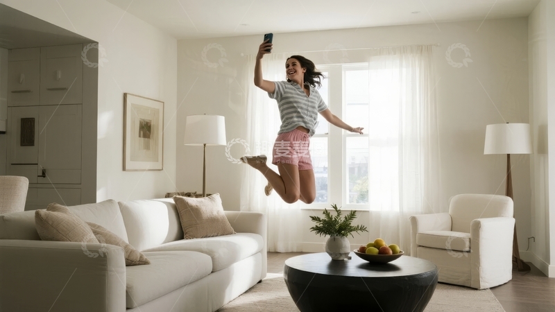 高清大图下载【趣麦麦图】女子在明亮客厅跳跃自拍