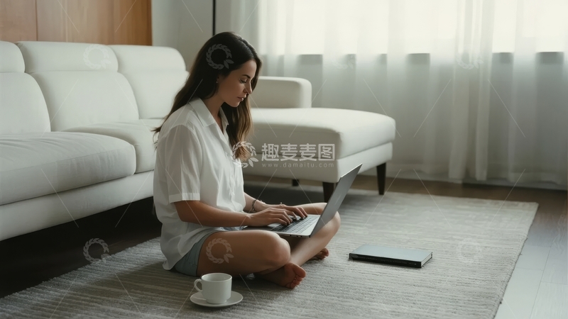 高清大图下载【趣麦麦图】女子在客厅地毯上使用笔记本电脑