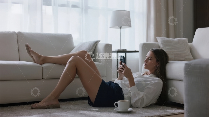 女子躺在客厅地毯上看手机旁边放着咖啡杯