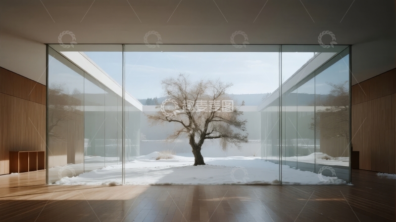 高清大图下载【趣麦麦图】现代建筑室内透过玻璃窗望向雪地枯树景观