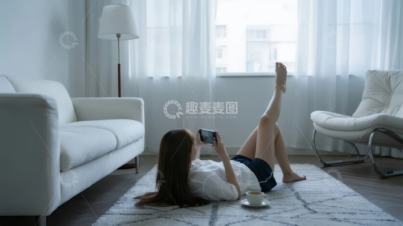 女子躺在客厅地毯上使用手机