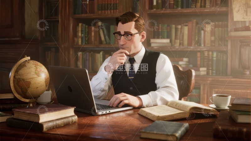 高清大图下载【趣麦麦图】学者在书房使用笔记本电脑思考