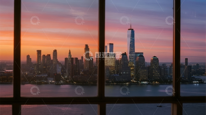高清大图下载【趣麦麦图】透过窗户俯瞰城市天际线与日落美景