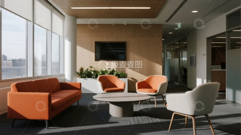 高清大图下载【趣麦麦图】现代办公室休息区摆放橙色沙发和椅子