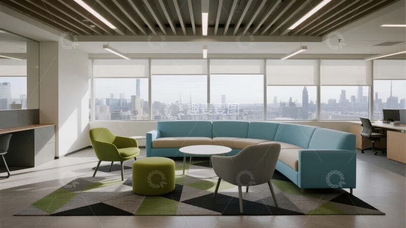 高清大图下载【趣麦麦图】现代办公室休息区配备蓝色沙发和城市景观