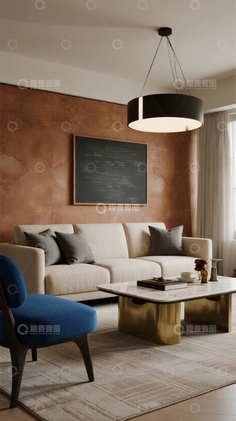 高清大图下载【趣麦麦图】现代简约风格客厅设计墙面装饰画与吊灯