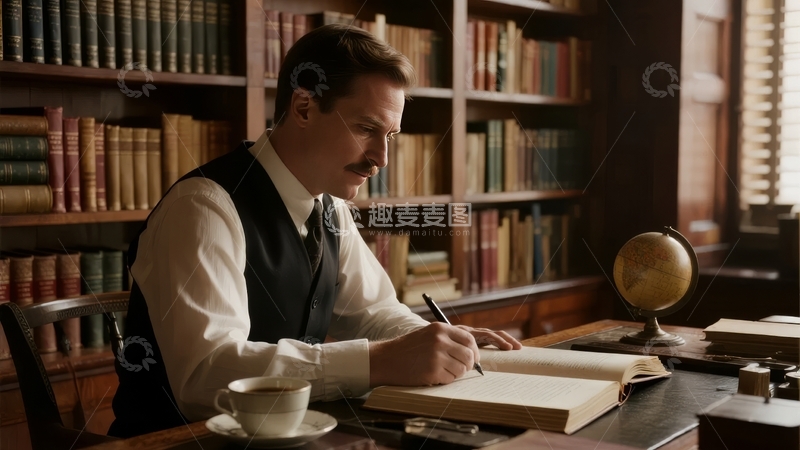 高清大图下载【趣麦麦图】复古书房中男子伏案书写身旁摆放地球仪与茶杯
