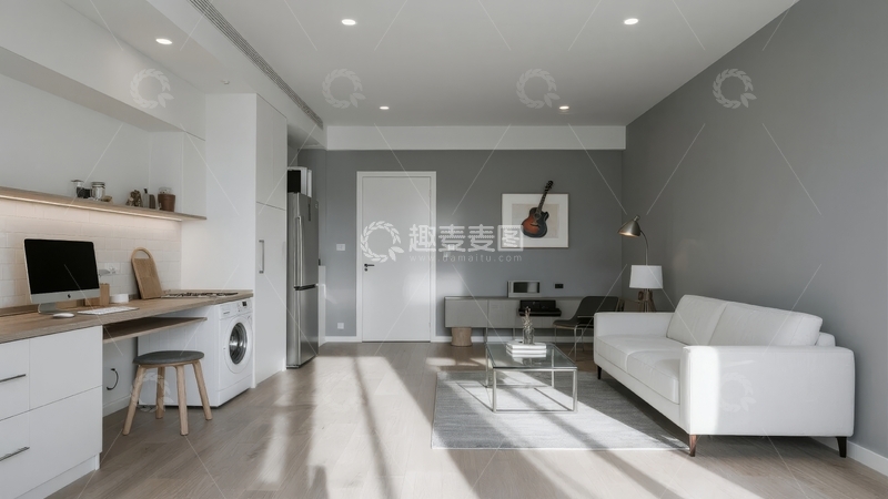 高清大图下载【趣麦麦图】现代简约风格客厅与开放式厨房相连的室内设计