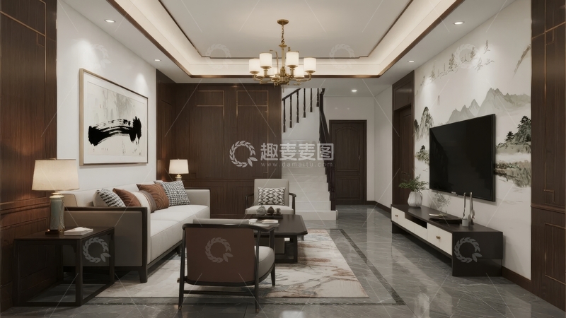 高清大图下载【趣麦麦图】现代简约风格客厅设计包含楼梯与山水画装饰