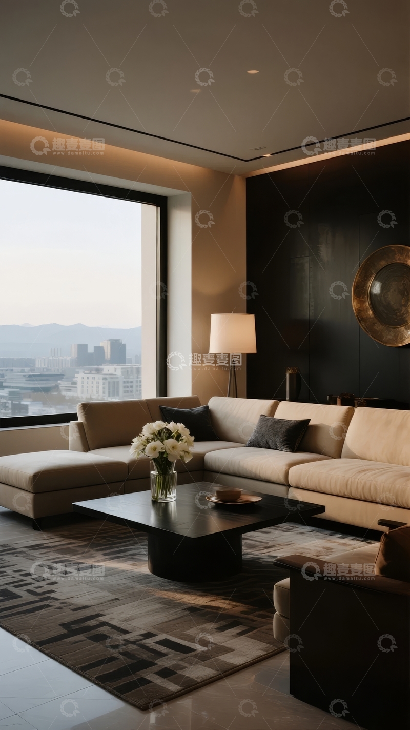 高清大图下载【趣麦麦图】现代客厅景观窗边沙发与城市天际线