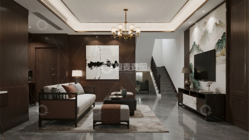 高清大图下载【趣麦麦图】现代中式风格客厅设计融合木质元素与艺术装饰