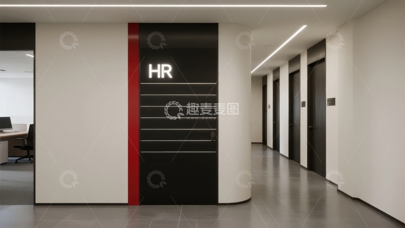 高清大图下载【趣麦麦图】现代办公室走廊尽头的HR部门标识