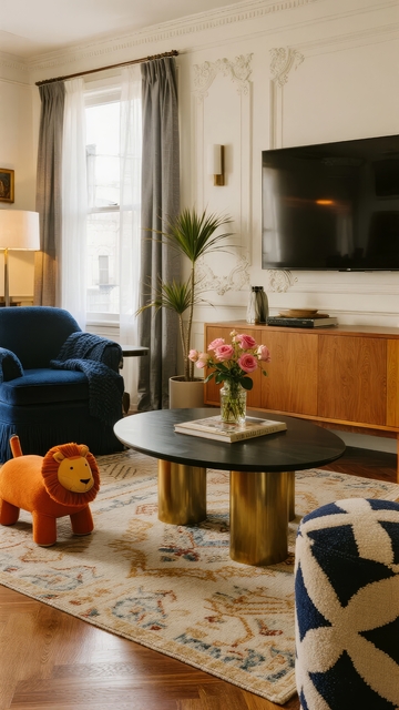 现代客厅布置优雅舒适包含蓝色扶手椅和木质电视柜