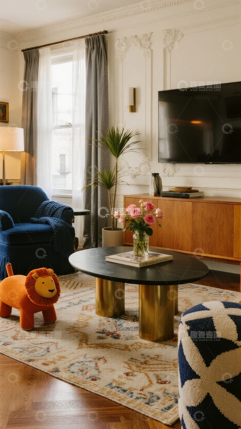 高清大图下载【趣麦麦图】现代客厅布置优雅舒适包含蓝色扶手椅和木质电视柜