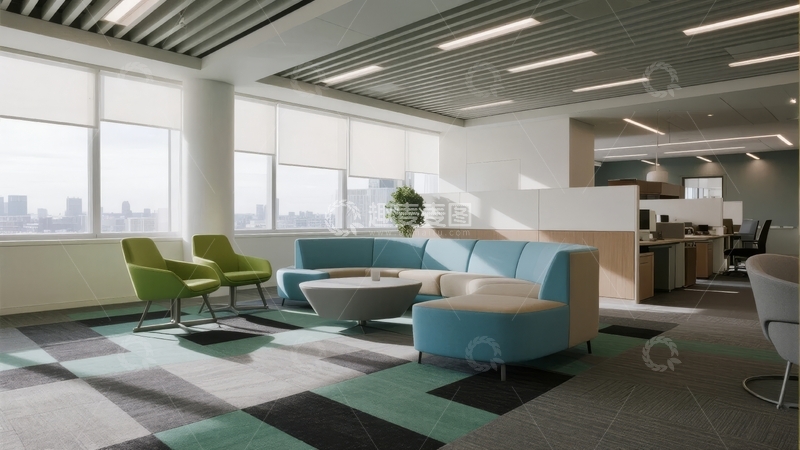 高清大图下载【趣麦麦图】现代办公室休息区宽敞明亮设有舒适座椅和大窗户