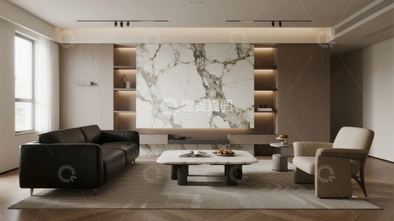 高清大图下载【趣麦麦图】现代简约客厅设计以大理石背景墙为中心