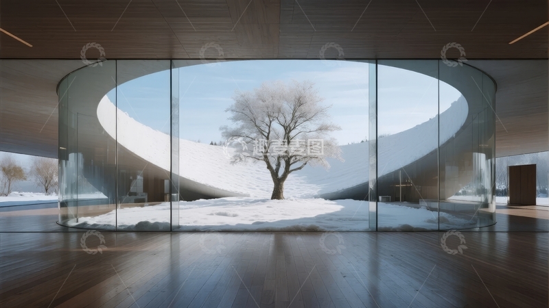 高清大图下载【趣麦麦图】现代建筑内透过椭圆玻璃窗望向雪景中的孤树