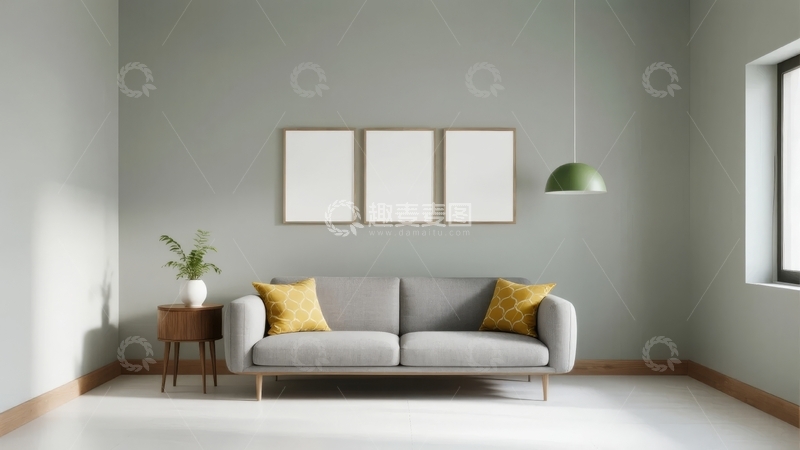 高清大图下载【趣麦麦图】简约现代客厅沙发配黄色靠垫和三联画装饰