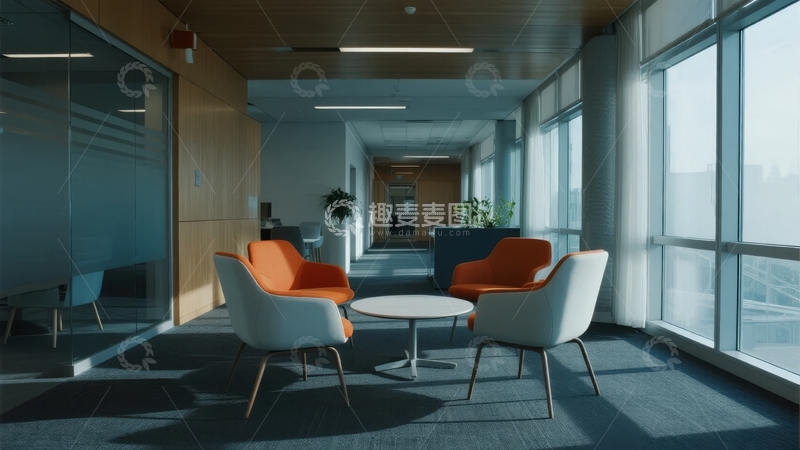 高清大图下载【趣麦麦图】现代办公室休息区配备橙白座椅和大面积落地窗
