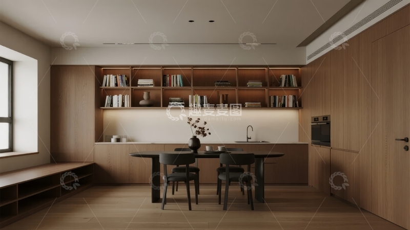 高清大图下载【趣麦麦图】现代简约风格厨房与餐厅一体化设计