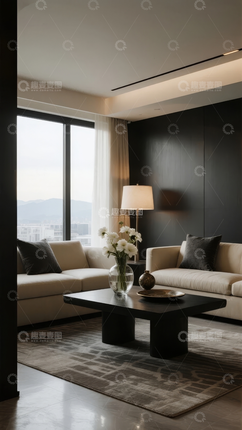 高清大图下载【趣麦麦图】现代简约客厅设计窗外城市景观