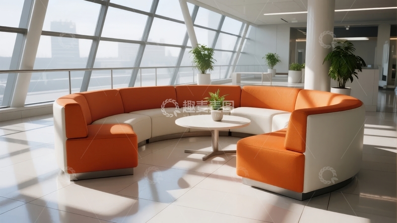 高清大图下载【趣麦麦图】现代办公室休息区橙白相间沙发与绿植点缀