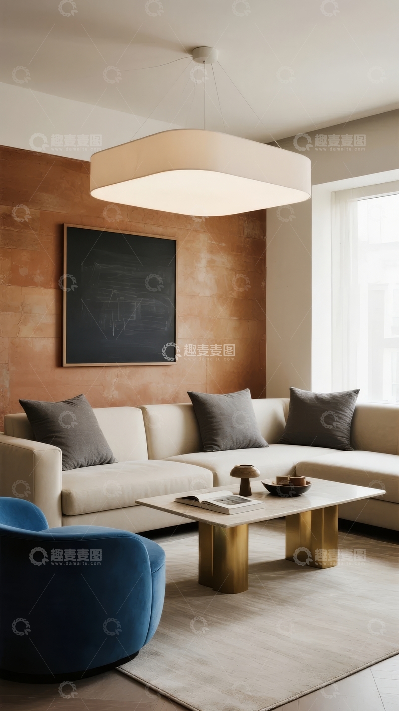 高清大图下载【趣麦麦图】现代客厅设计以橙色墙和简约家具为特色