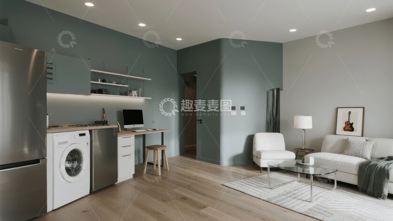 高清大图下载【趣麦麦图】现代简约风格的开放式厨房与客厅空间