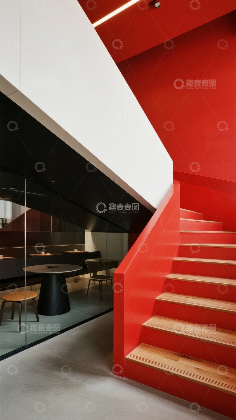 高清大图下载【趣麦麦图】现代建筑内部红色楼梯与简约空间设计