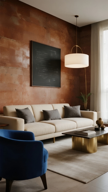 现代客厅墙面采用红砖纹理装饰搭配简约沙发与吊灯