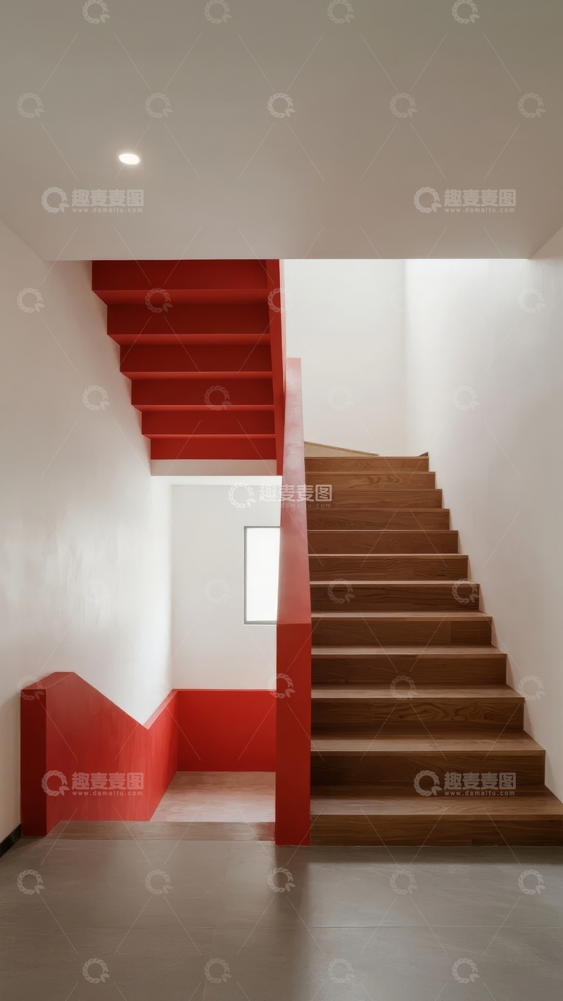 高清大图下载【趣麦麦图】现代简约风格室内红色与木质楼梯设计