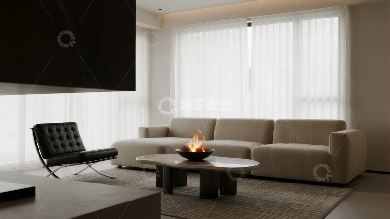 高清大图下载【趣麦麦图】现代简约客厅配壁炉与大面积窗户