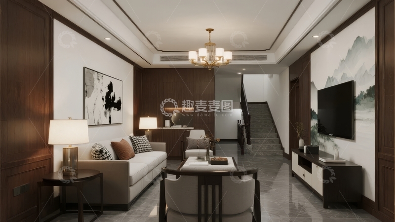 高清大图下载【趣麦麦图】现代中式风格客厅设计融合传统与简约元素