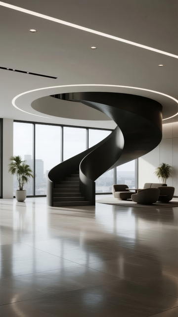 现代风格螺旋楼梯与宽敞明亮的室内空间