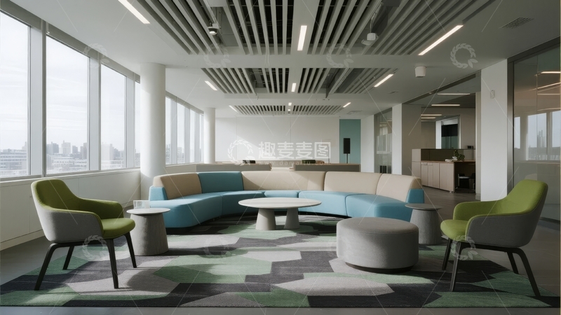 高清大图下载【趣麦麦图】现代办公室休息区宽敞明亮设有舒适沙发和大窗户