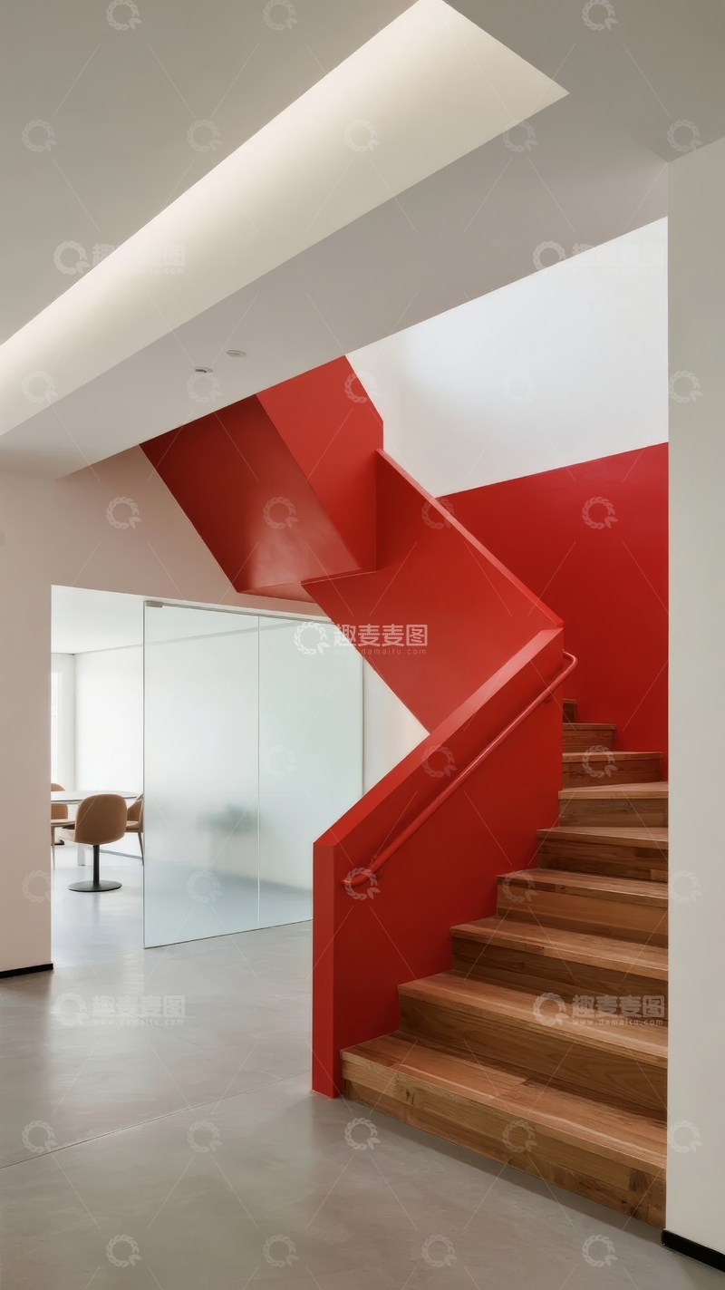 高清大图下载【趣麦麦图】现代建筑内部红色楼梯与白色空间设计