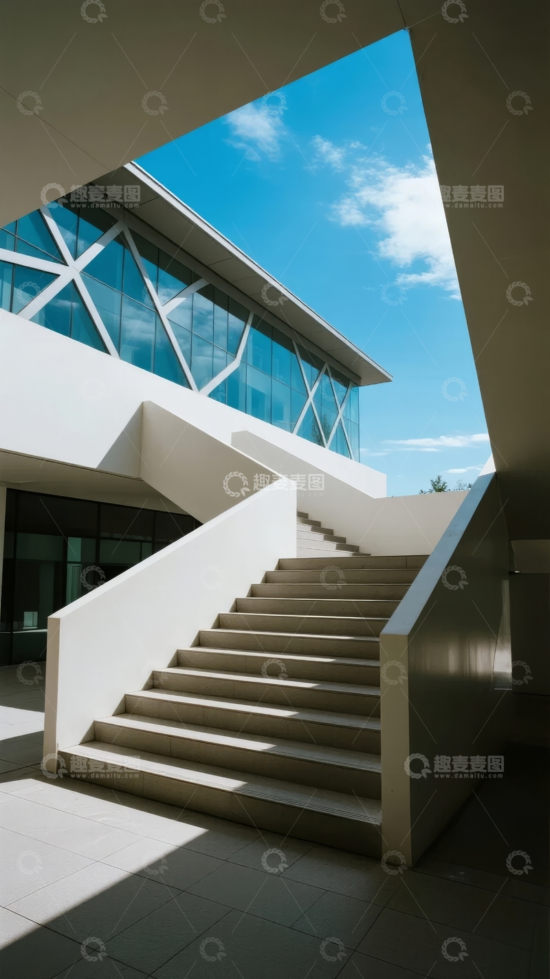 高清大图下载【趣麦麦图】现代建筑外部楼梯与蓝天白云的几何构图